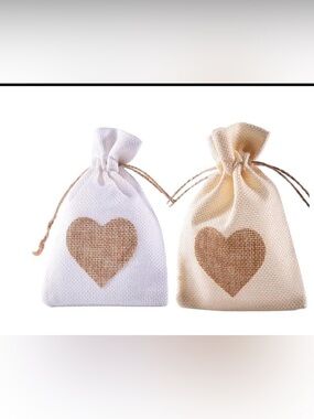 Drawstring Heart Burlap Favor Bags - White and Natural - ✨ Please Read Listing